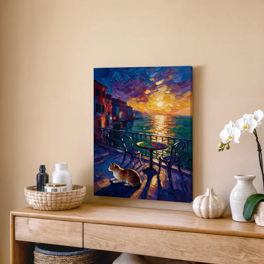 Cafétafel in donker tegenlicht aan het water, canvas schilderij uit de collectie cafés en restaurants