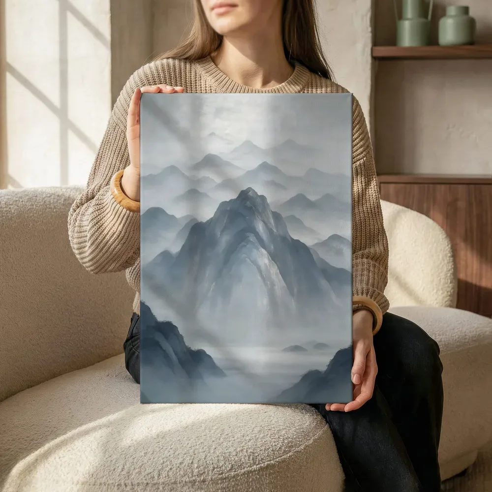 Berglandschap in verweerd zilver, canvas schilderij uit de collectie chinese kunst