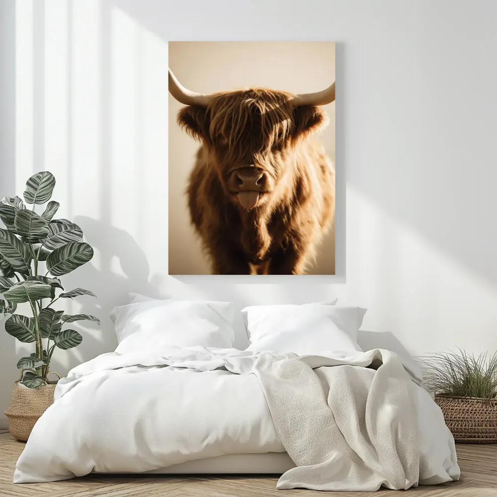 Hooglander met de tong uit in crème, canvas schilderij uit de collectie crème