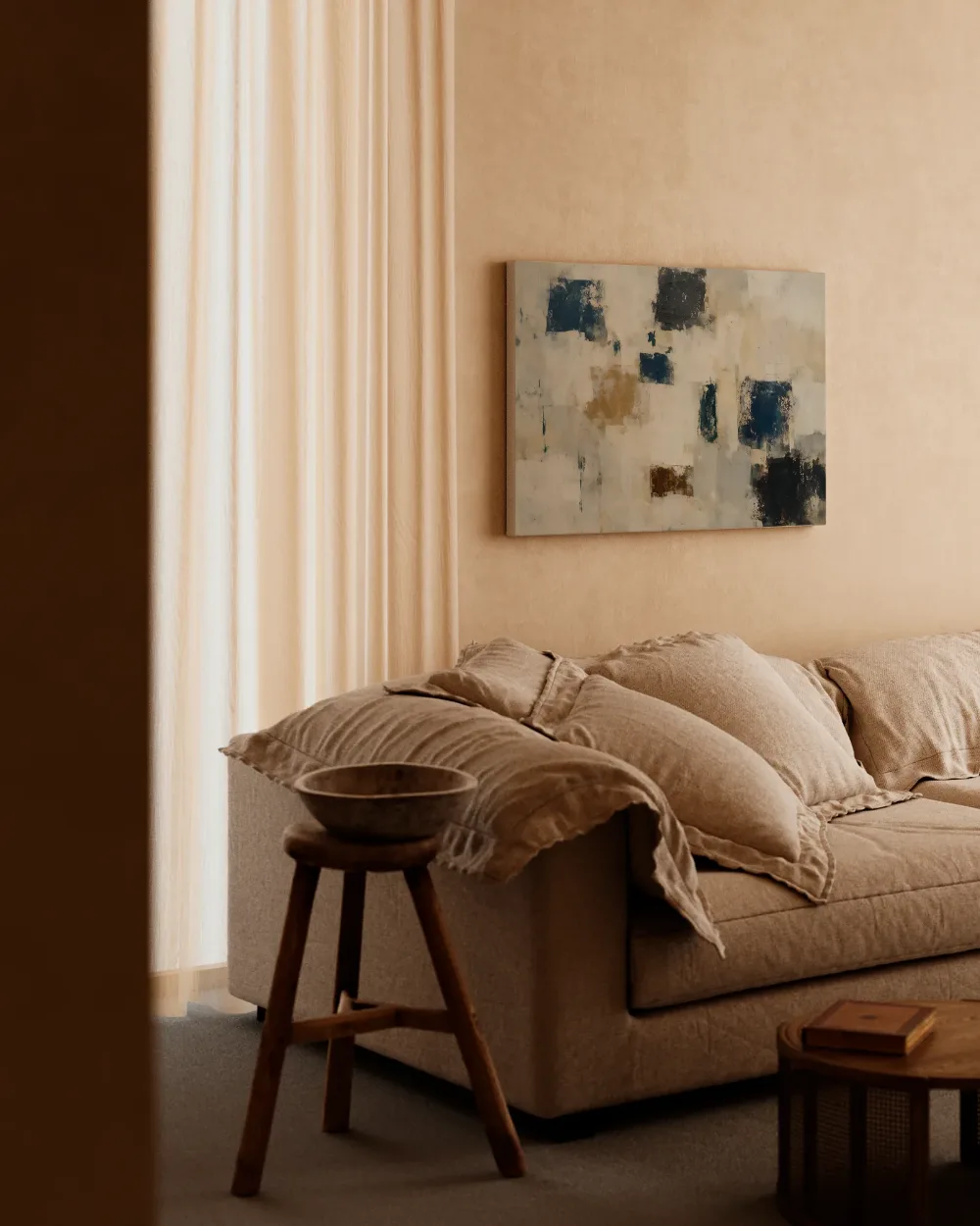 Crèmewitte vakken met blauwe accenten, canvas schilderij uit de collectie crème