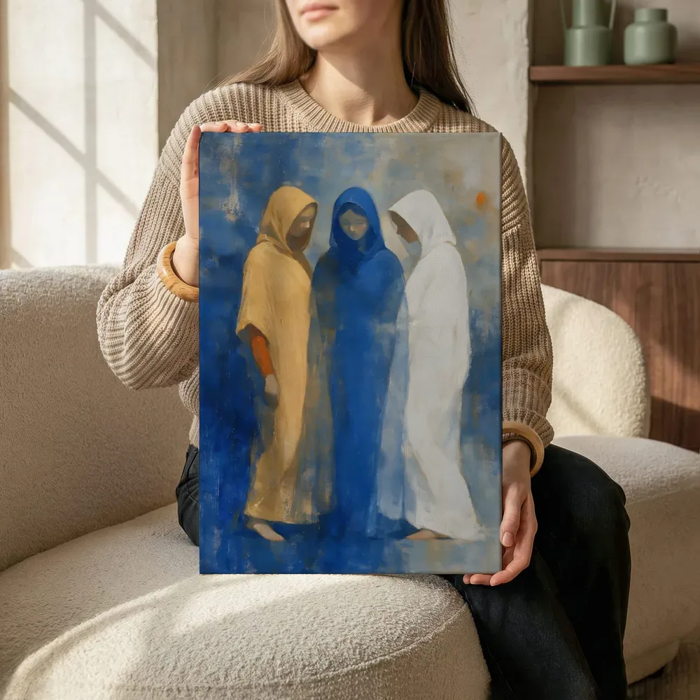 Drie gehulde figuren in delftsblauw, canvas schilderij uit de collectie culturele invloeden