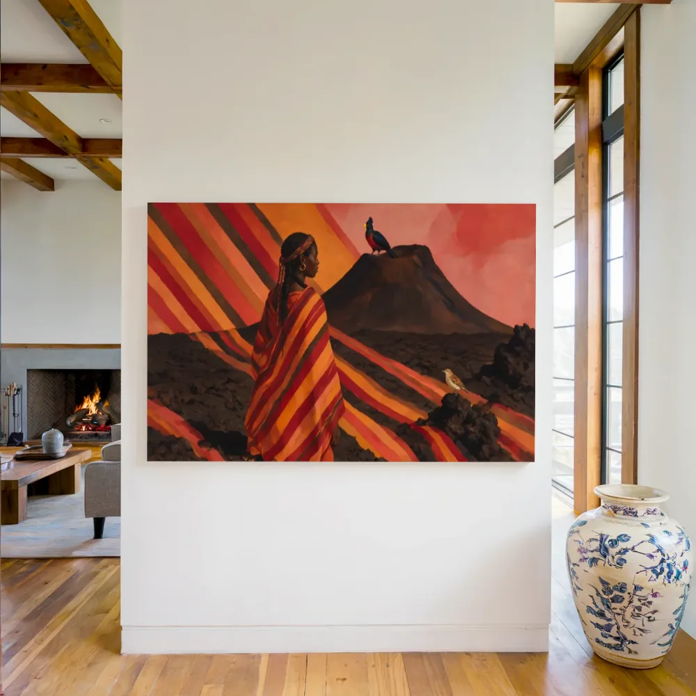 Vulkaan in warme kleuren bij elkaar, canvas schilderij uit de collectie culturele invloeden