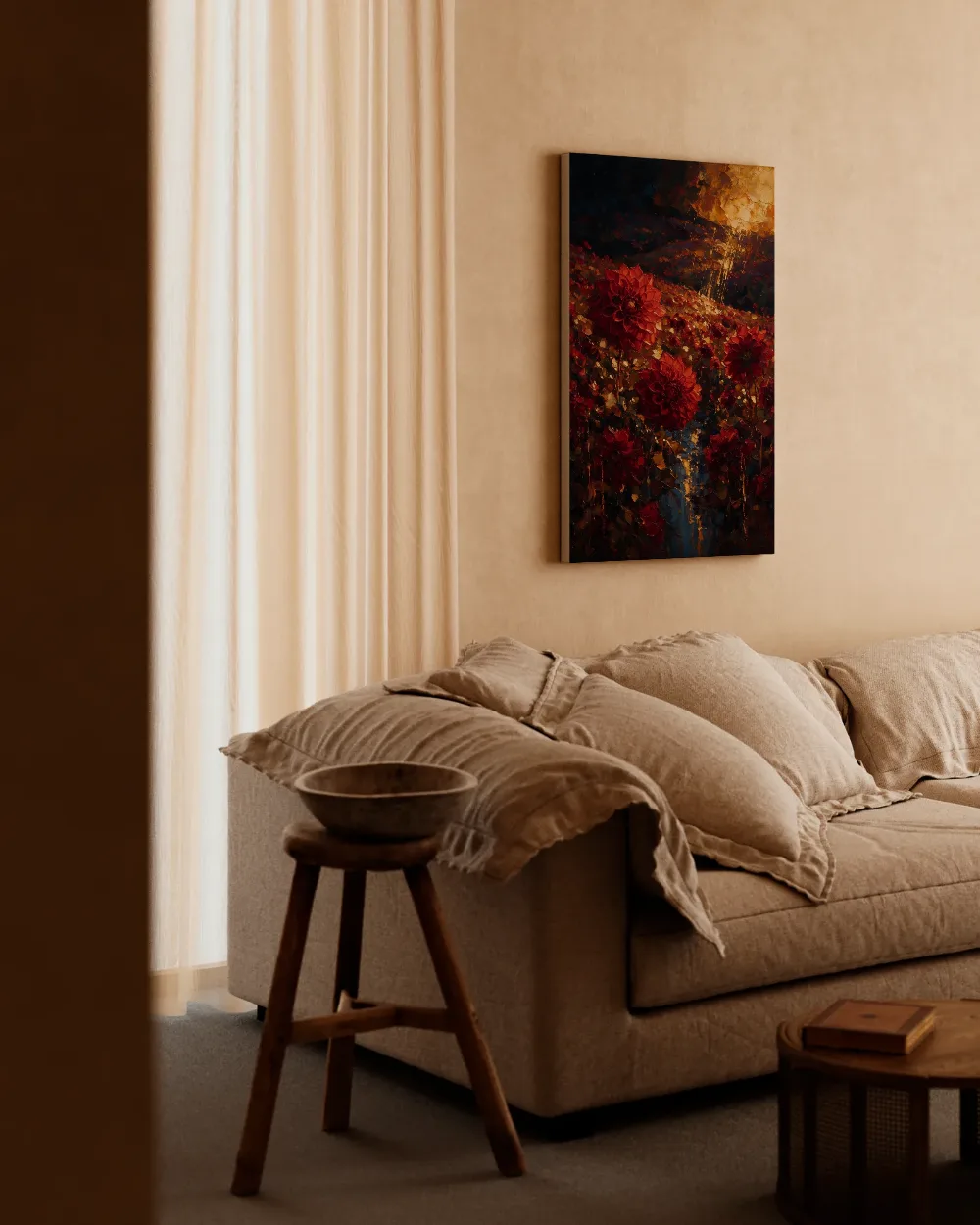 Dahlia op de helling in karmozijn, canvas schilderij uit de collectie dahlia