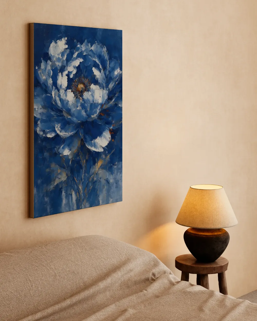 Pioenroos in fragmenten, delftsblauw, canvas schilderij uit de collectie delftsblauw