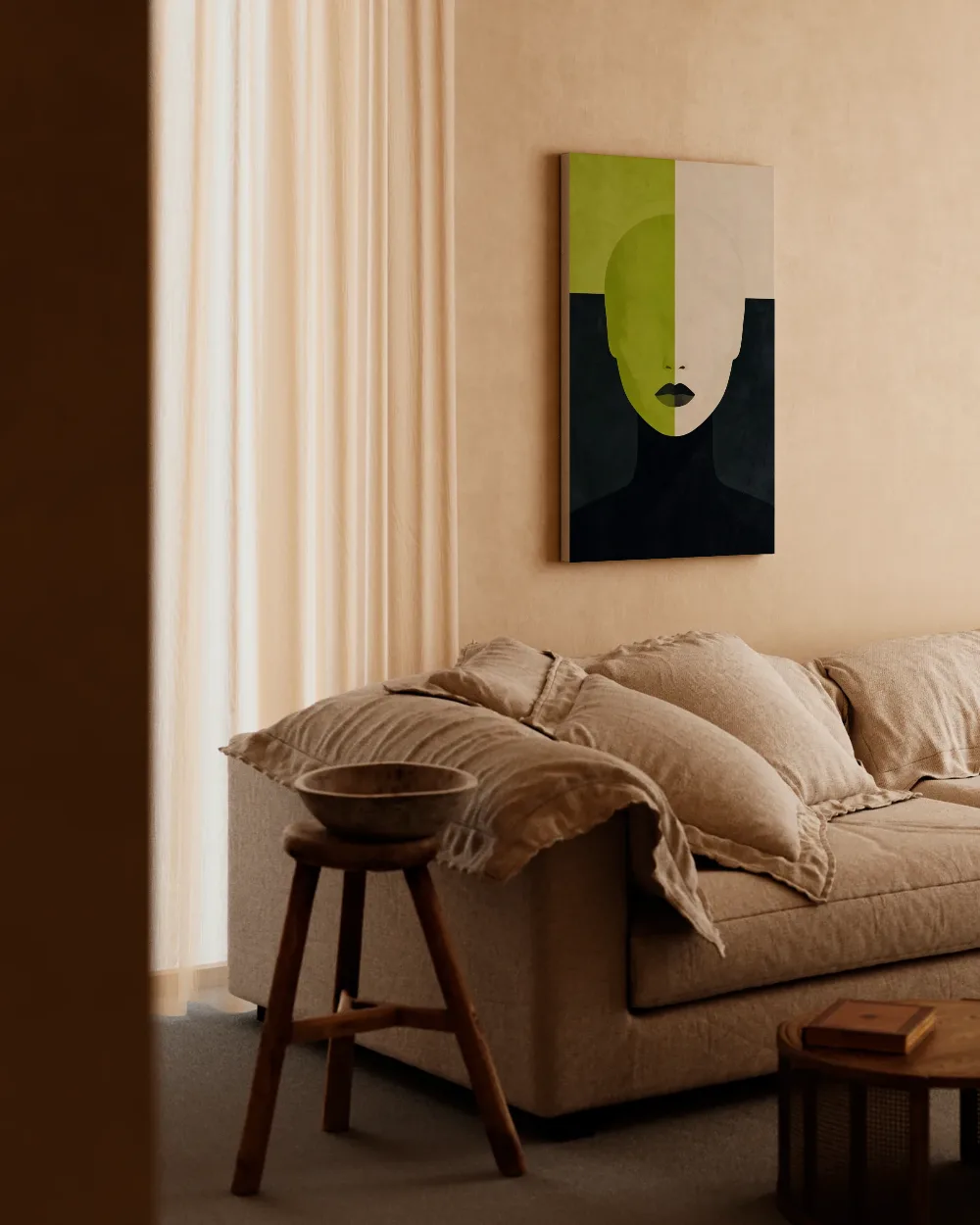 Gezicht in twee helften in chartreuse, canvas schilderij uit de collectie design