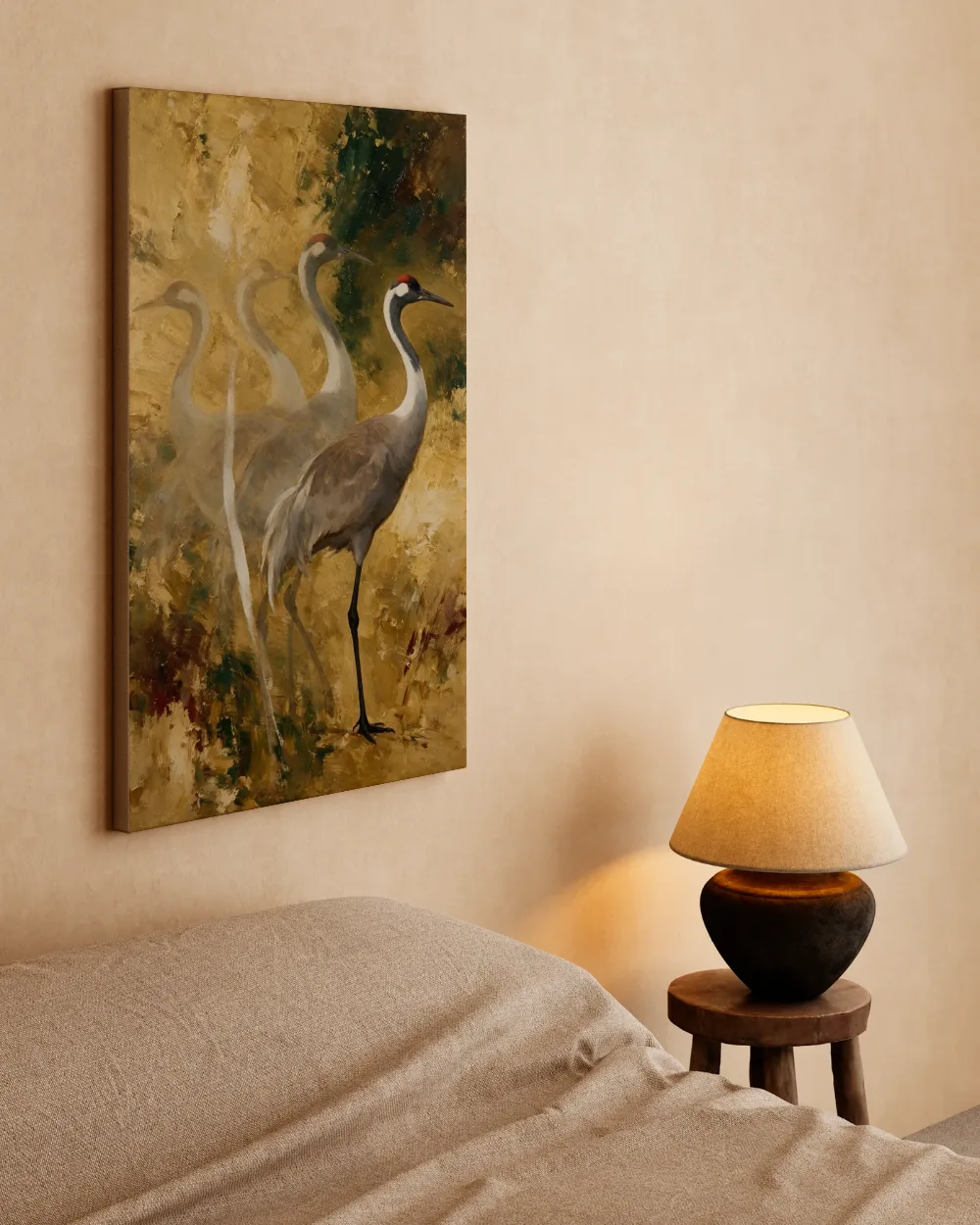 Kraanvogel in beweging, goud, canvas schilderij uit de collectie dieren