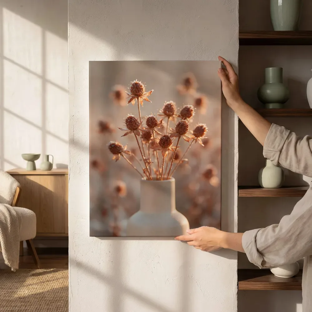 Droogboeket in het gouden uur, verstoft roest 2, canvas schilderij uit de collectie droogbloemen