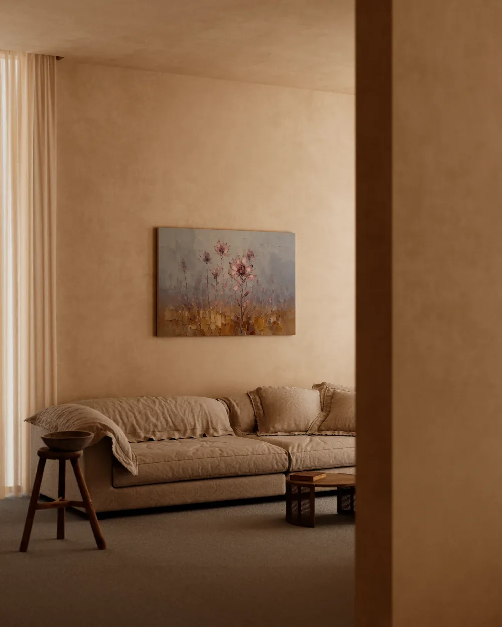 Droogbloem tegen de lucht in oudroze, canvas schilderij uit de collectie droogbloemen