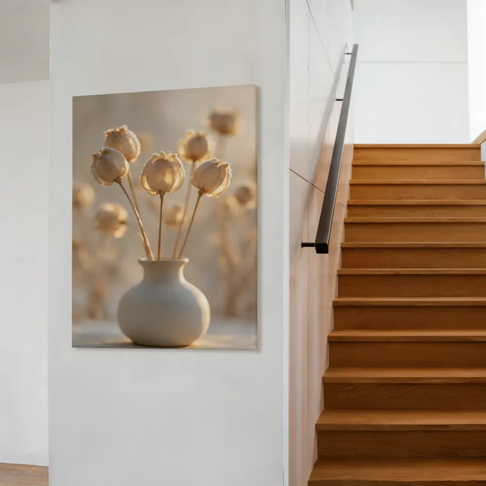 Droogboeket in het gouden uur, gedempt strogeel 3, canvas schilderij uit de collectie droogbloemen