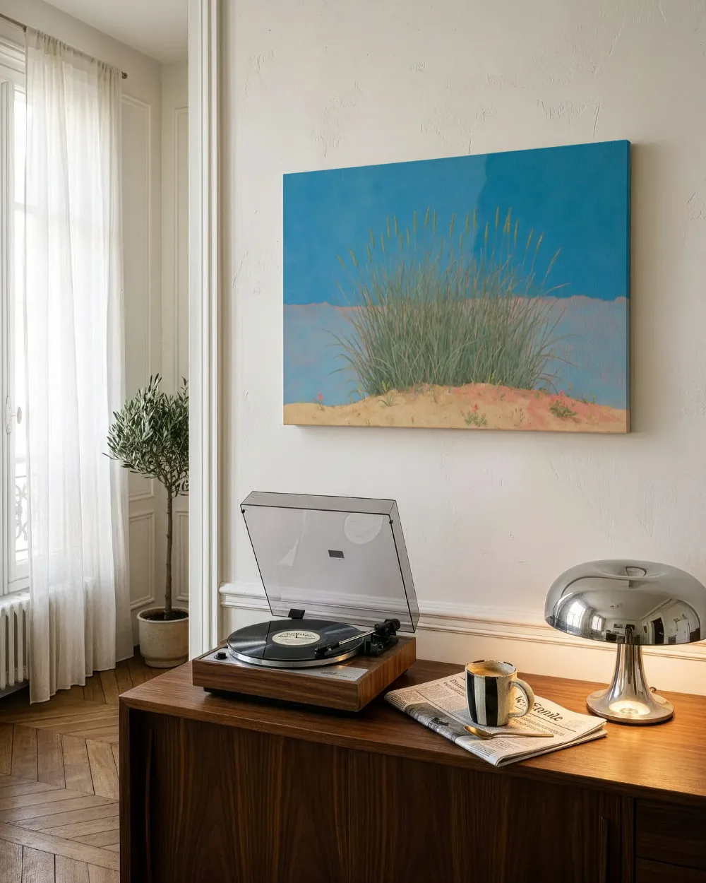Duin in hemelsblauw en zalm, canvas schilderij uit de collectie duinen