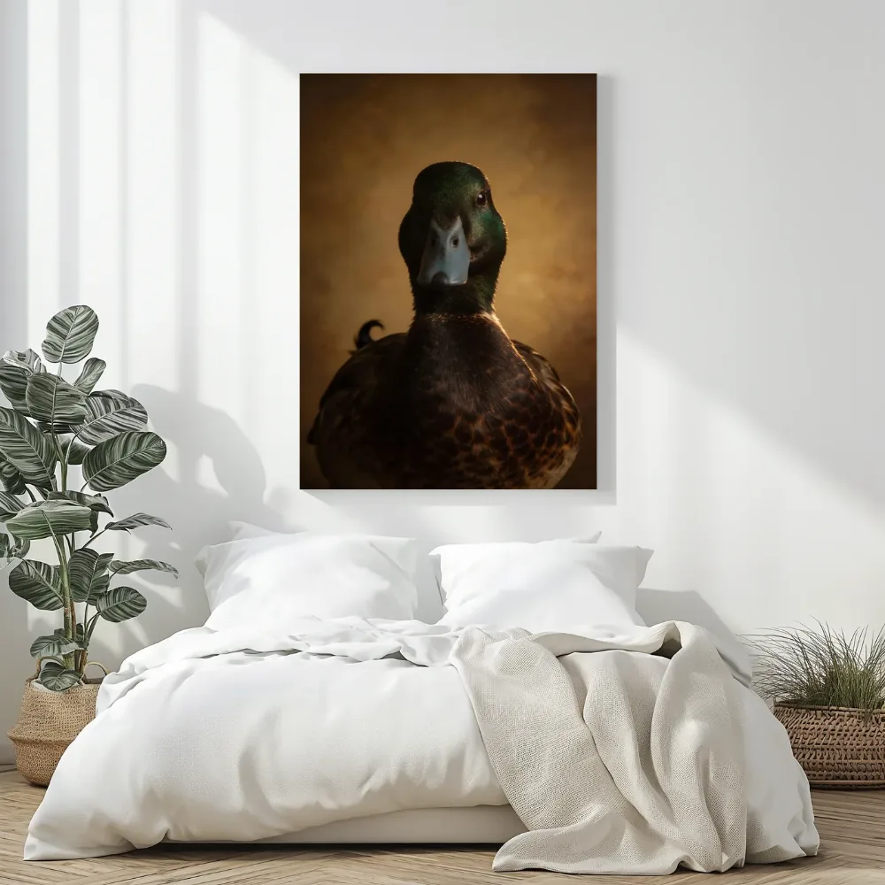 Wilde Eend van voren in sepia, canvas schilderij uit de collectie eenden