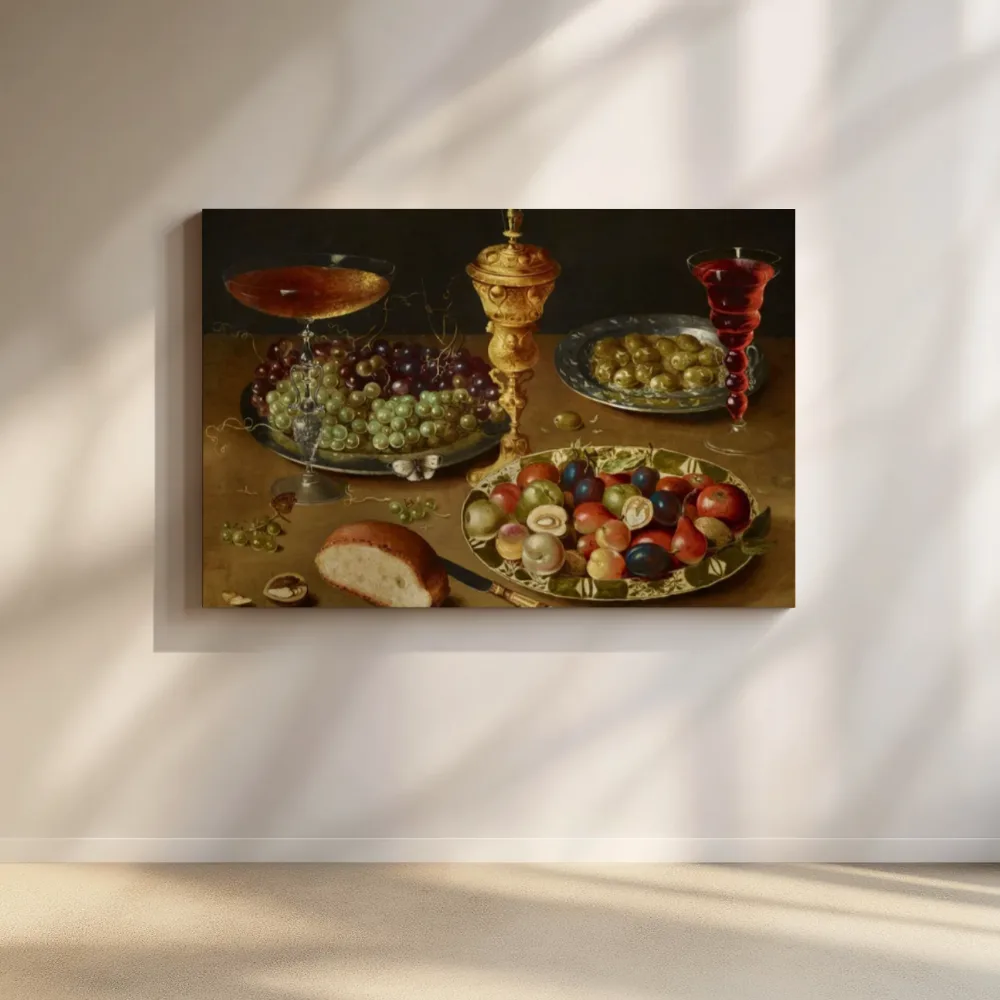 Stilleven met een drinkschaal, druiven, fruit, olijven, brood en een glas wijn van Osias Beert, canvas schilderij uit de collectie eten en drinken
