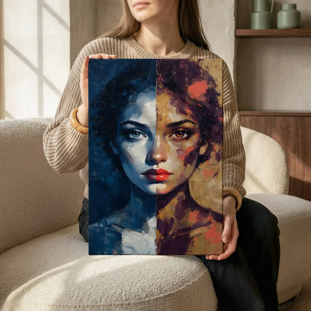 Vrouw in twee kleurzones, marineblauw, canvas schilderij uit de collectie expressionisme