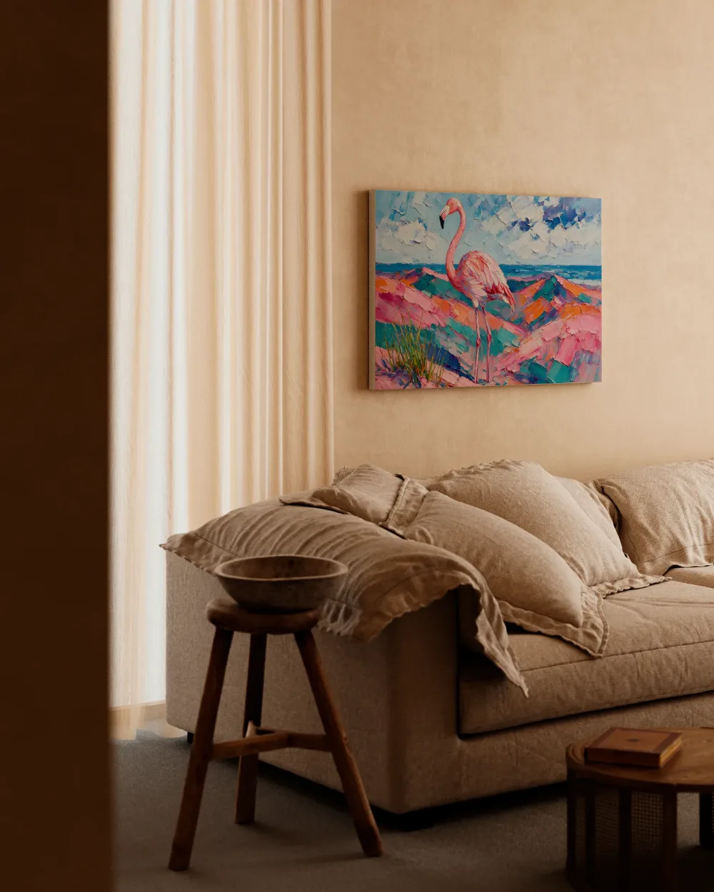Flamingo op roze heuvels, canvas schilderij uit de collectie flamingo's