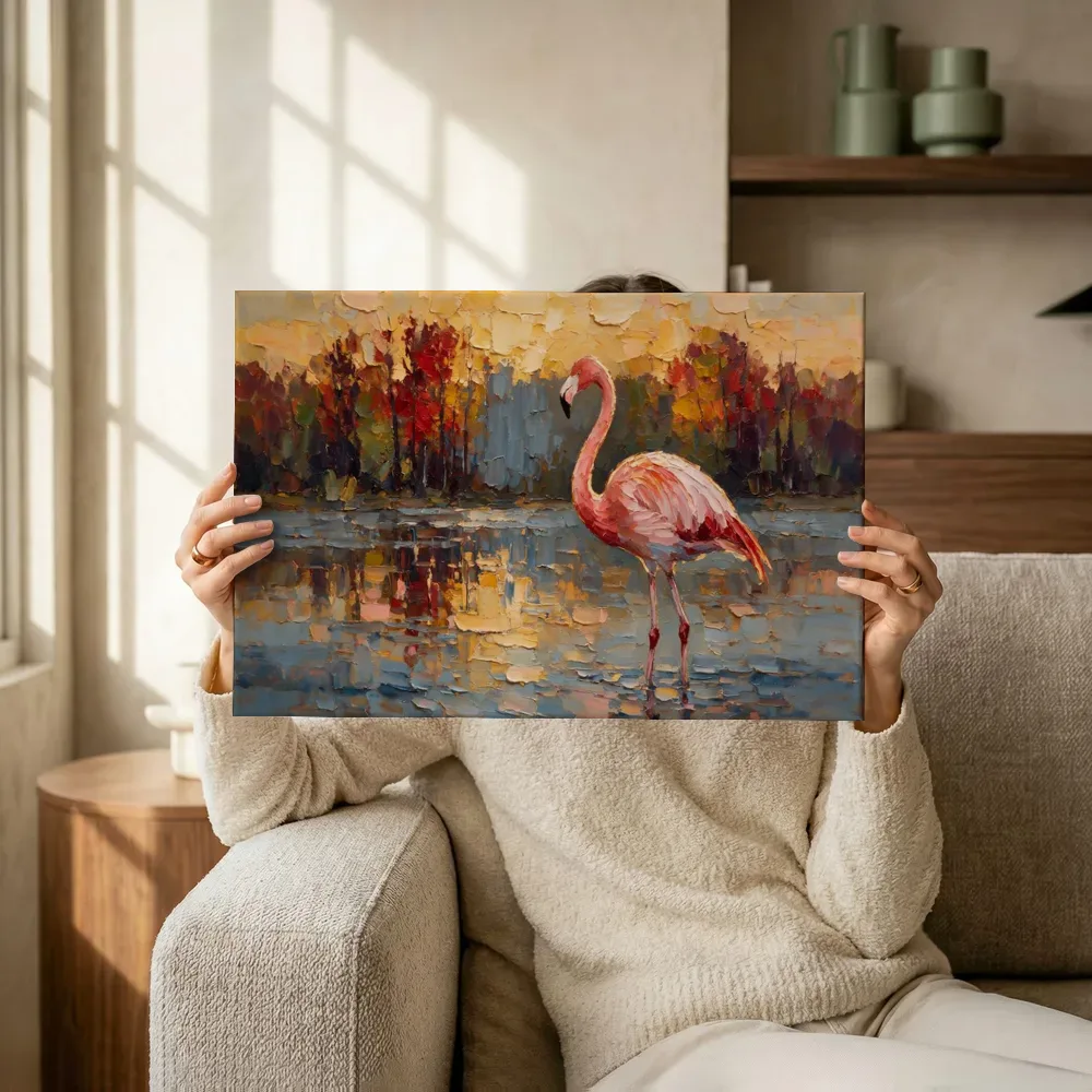 Flamingo in diepe pose tussen de bomen, canvas schilderij uit de collectie flamingo's