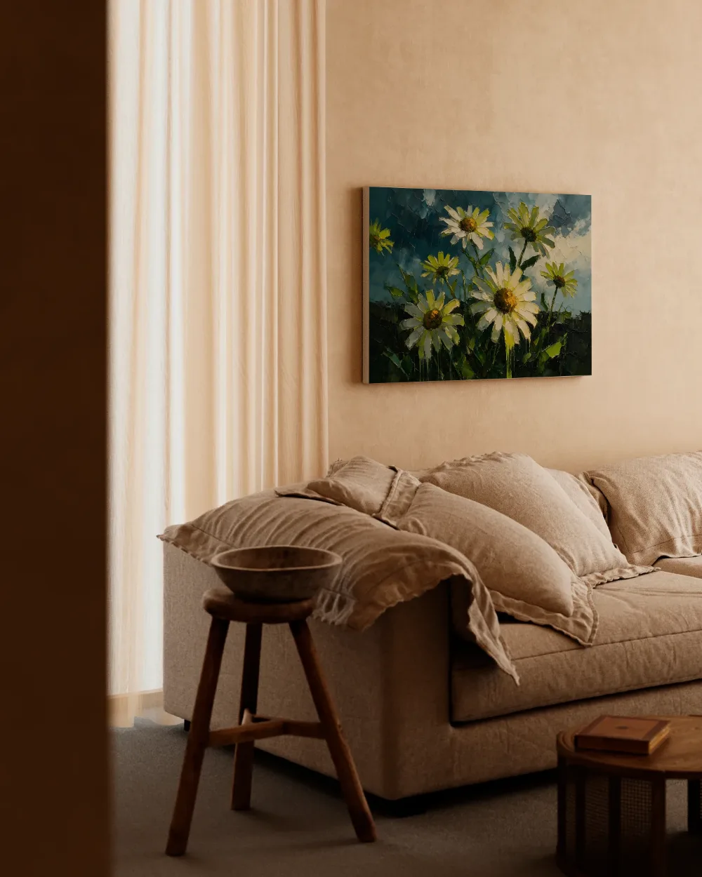 Madeliefje tegen de lucht in limoen, canvas schilderij uit de collectie flower power