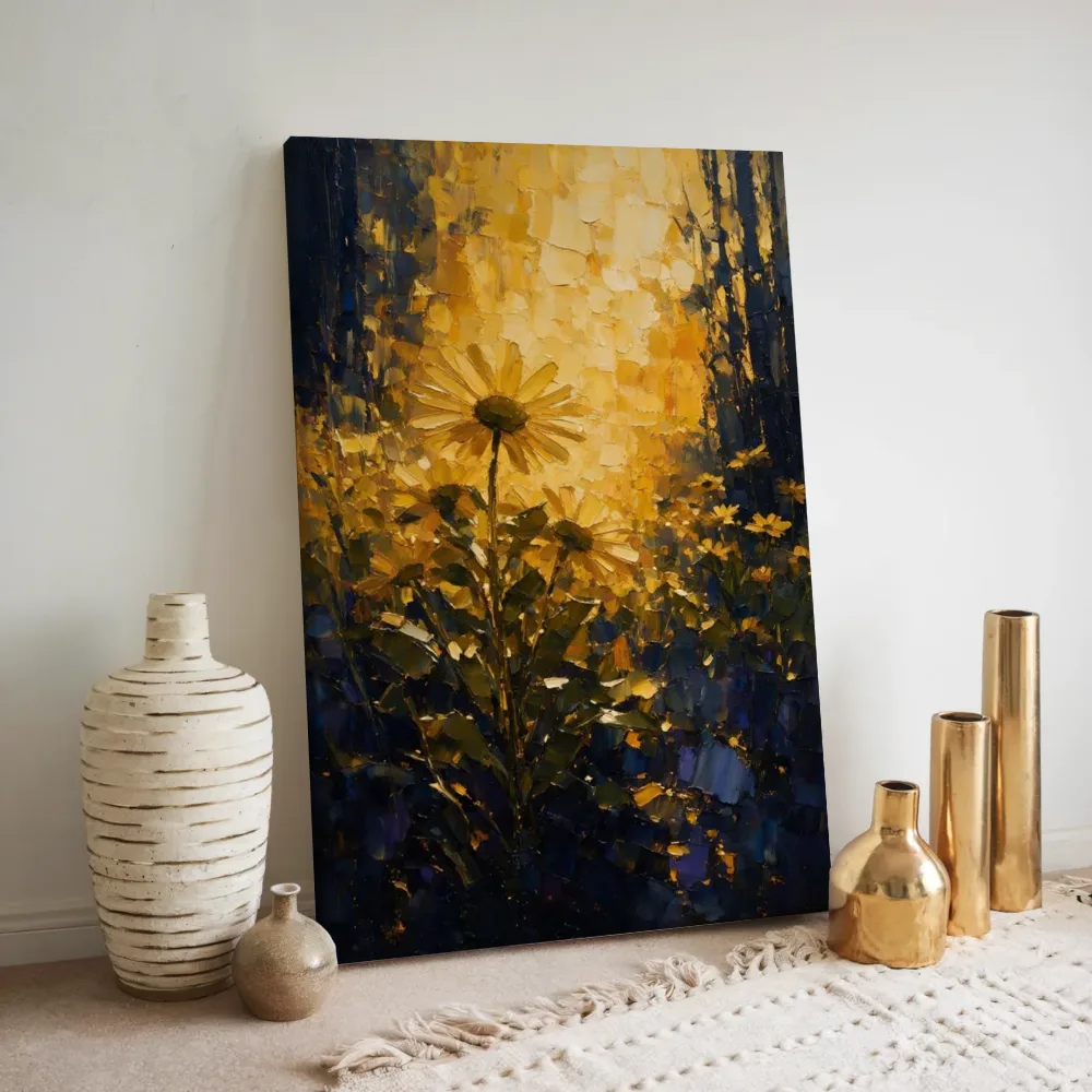 Madeliefje aan de bosrand in goudoker, canvas schilderij uit de collectie flower power