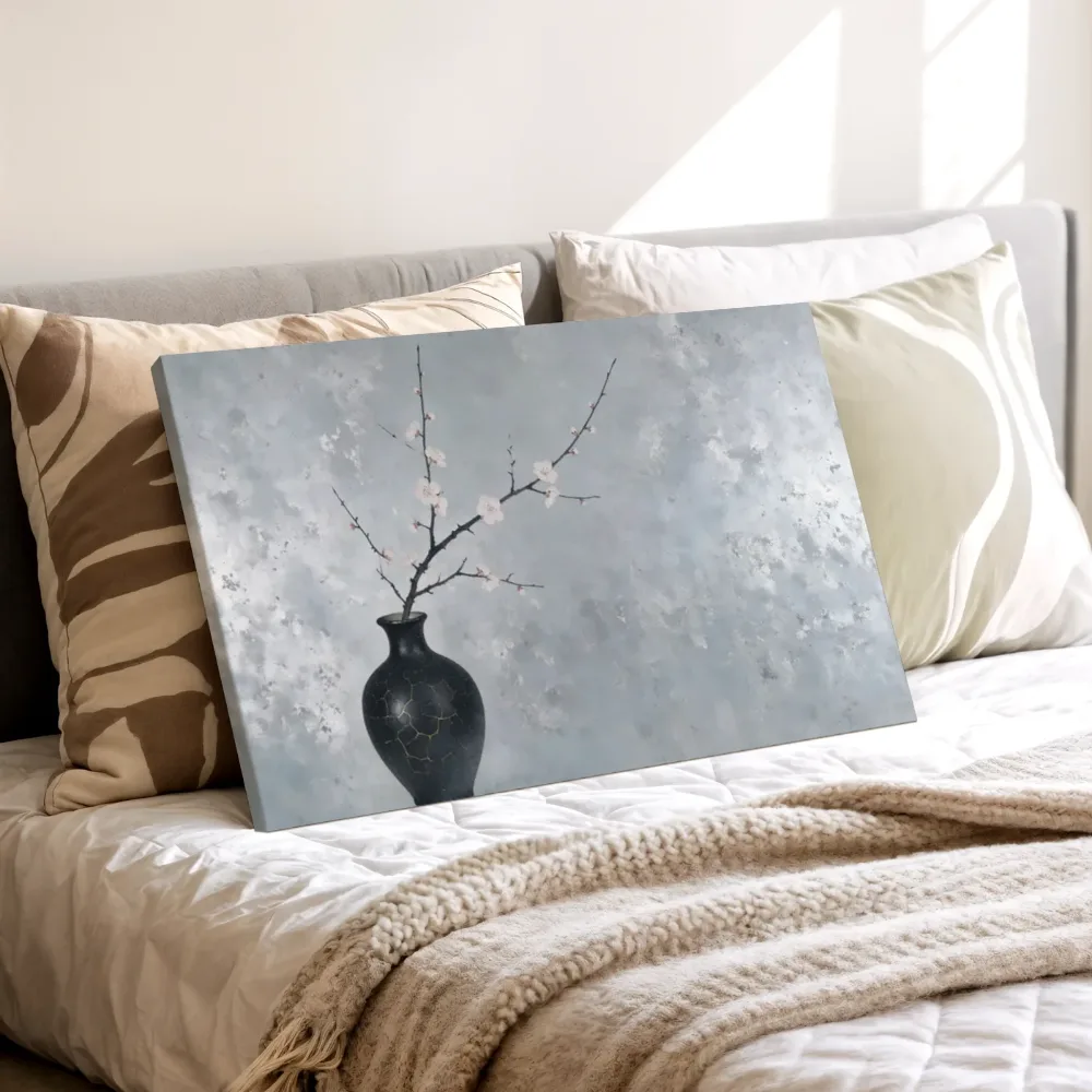 Pruimenbloesem in donker verweerd zilver, canvas schilderij uit de collectie fotografie