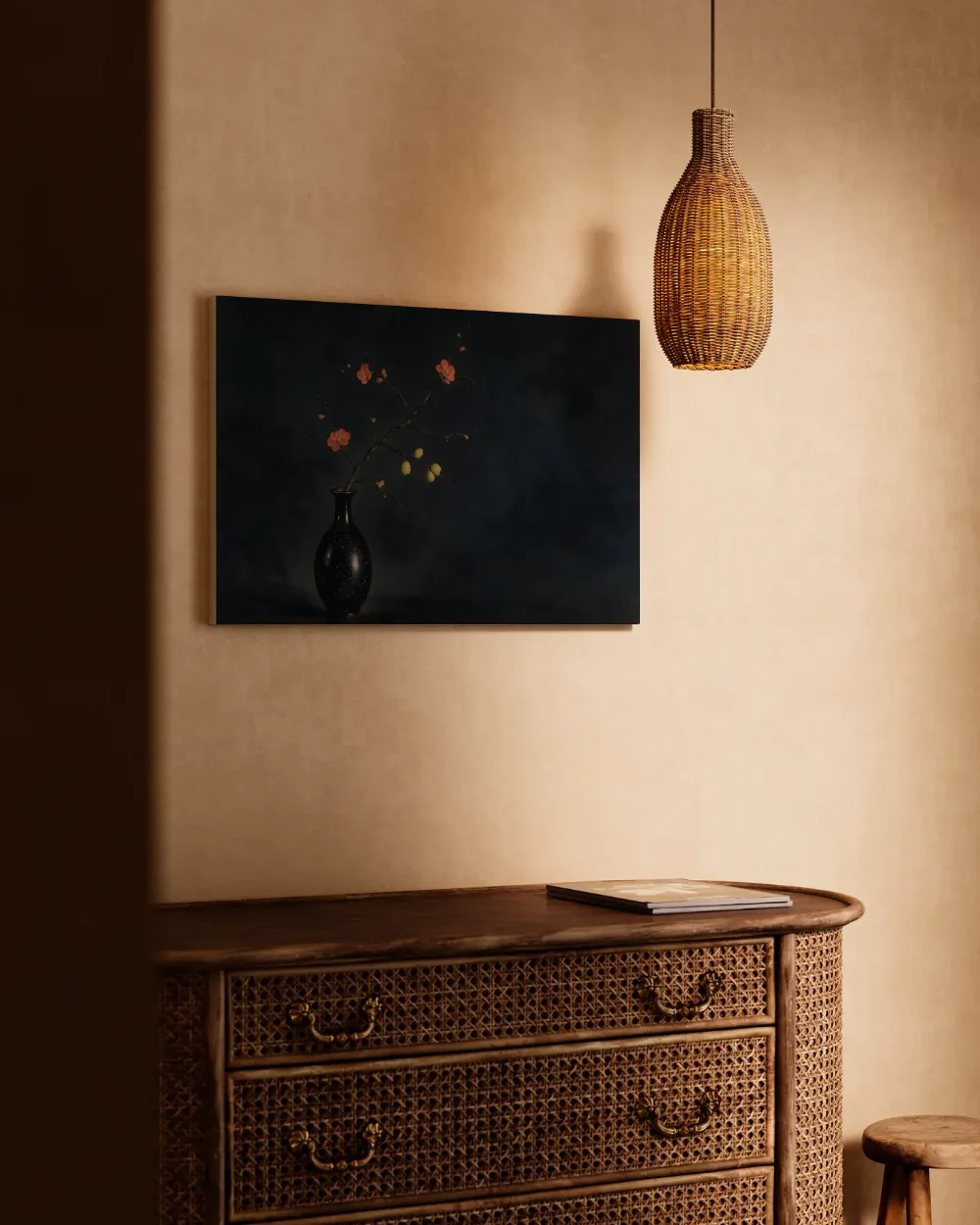 Kweeperenbloesem in donker inktzwart, canvas schilderij uit de collectie fotografie