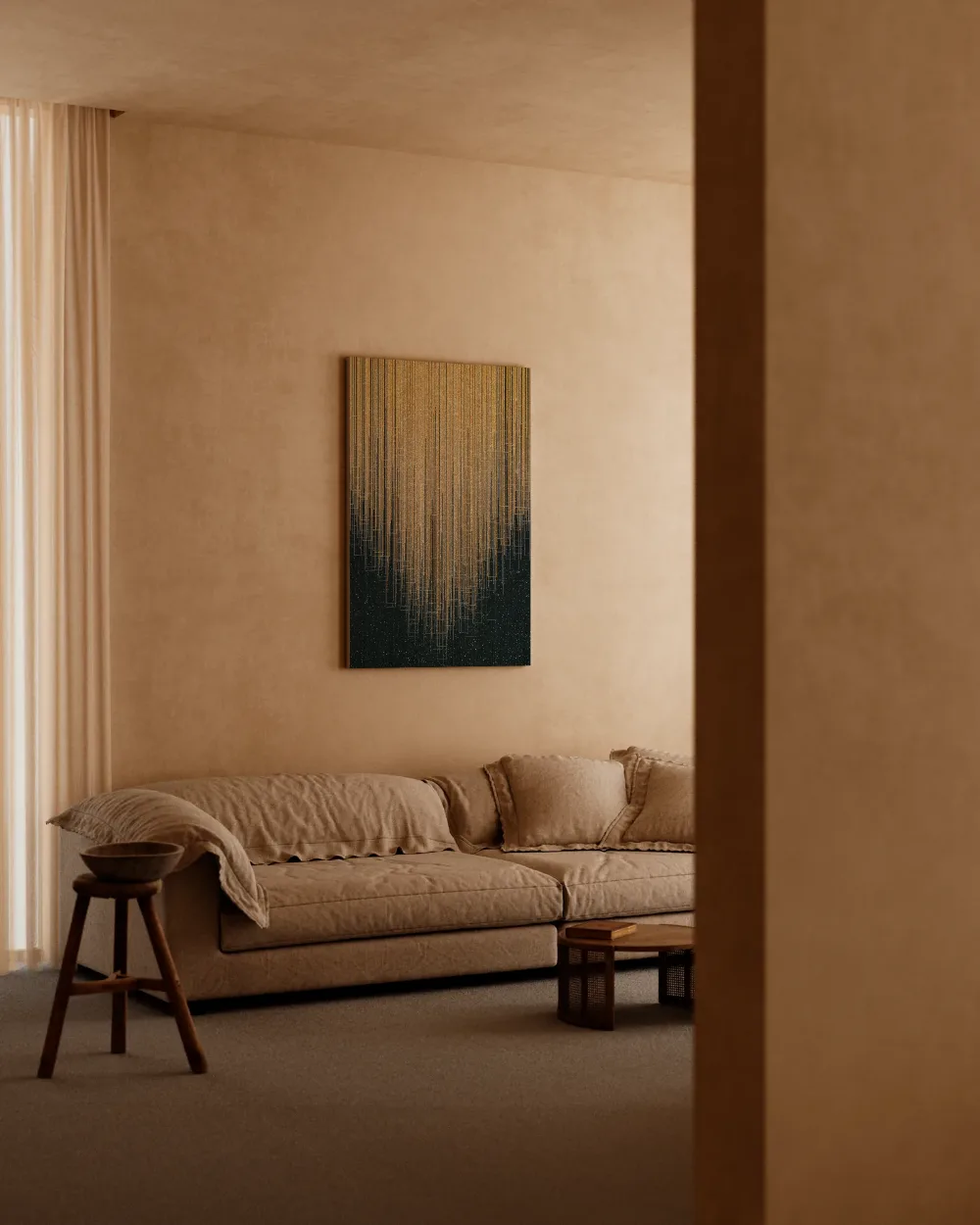Futuristische lichtregen in goud en zwart boven skyline, canvas schilderij uit de collectie futurisme