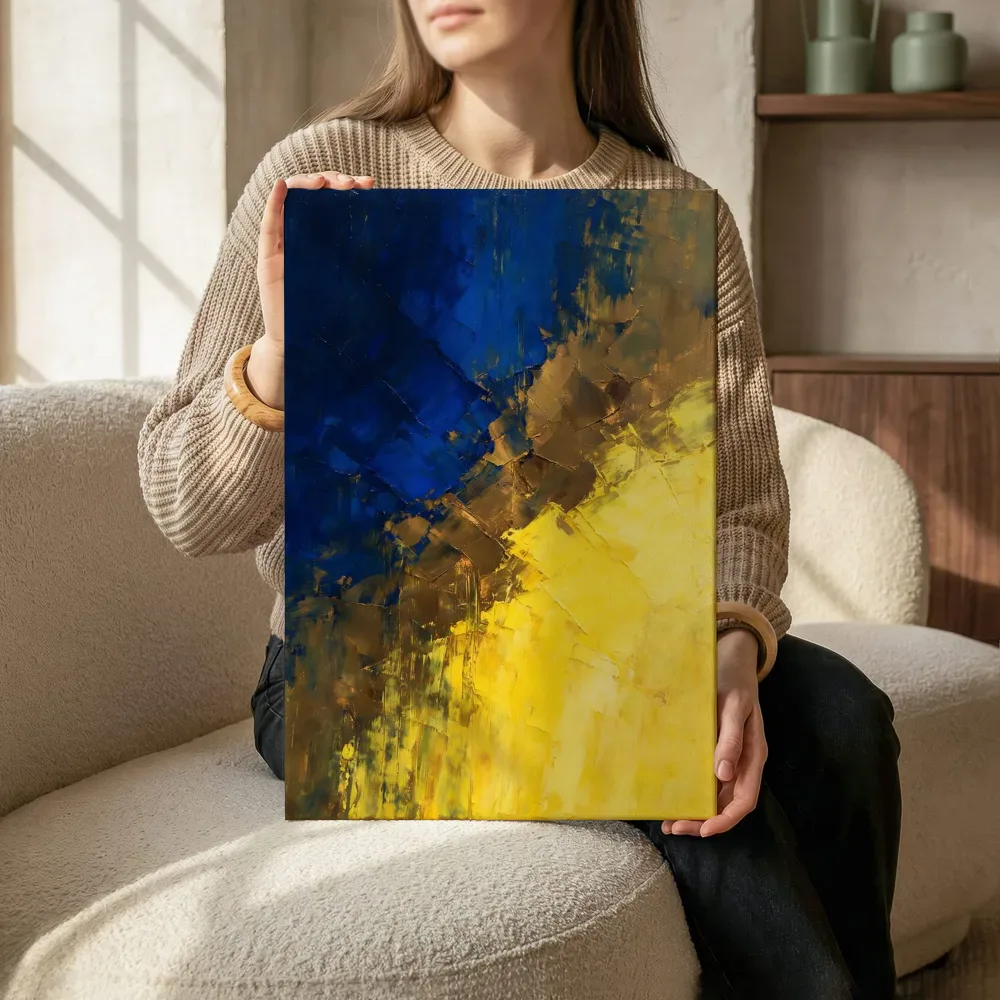 Diep kobalt en citroengeel in storm, canvas schilderij uit de collectie geel
