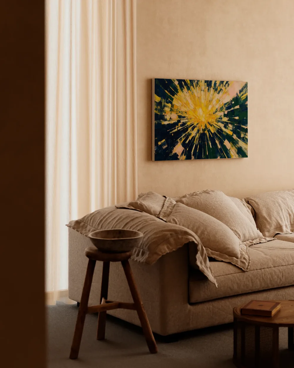 Paardenbloem van dichtbij in geel en donkerblauw, canvas schilderij uit de collectie geel