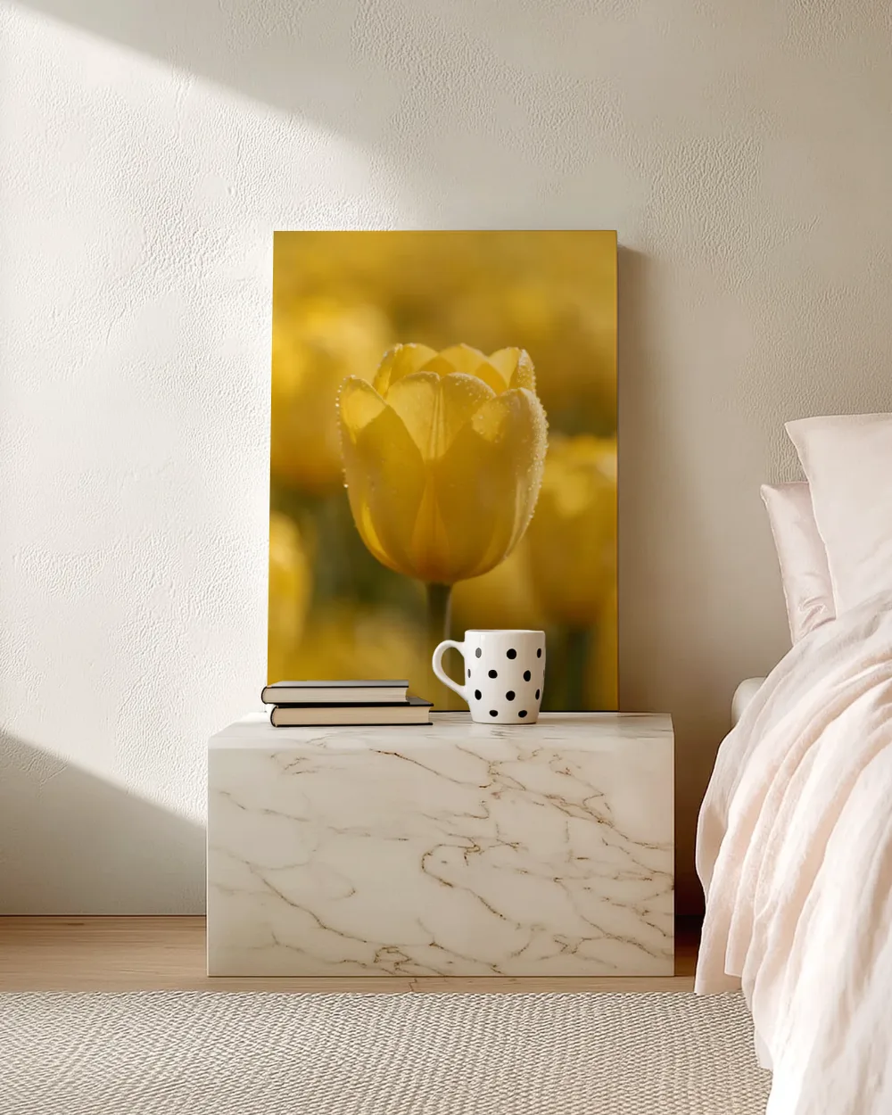 Tulp in de dauw, goudgeel 3, canvas schilderij uit de collectie geel