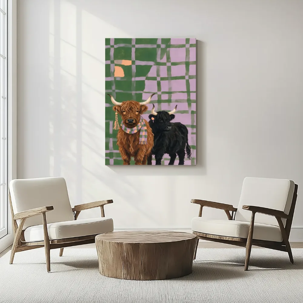 Schotse hooglander in lila en mosgroen, canvas schilderij uit de collectie geklede dieren