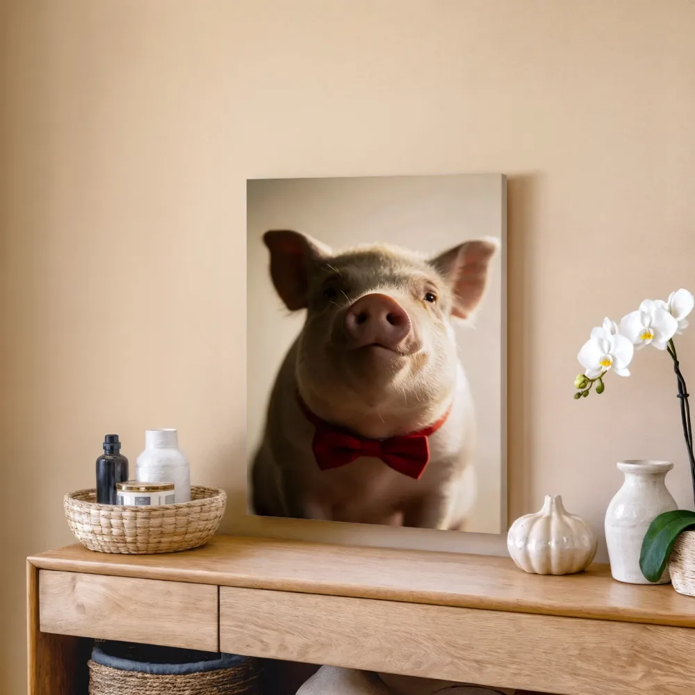 Varken met vlinderdas in crème, canvas schilderij uit de collectie geklede dieren
