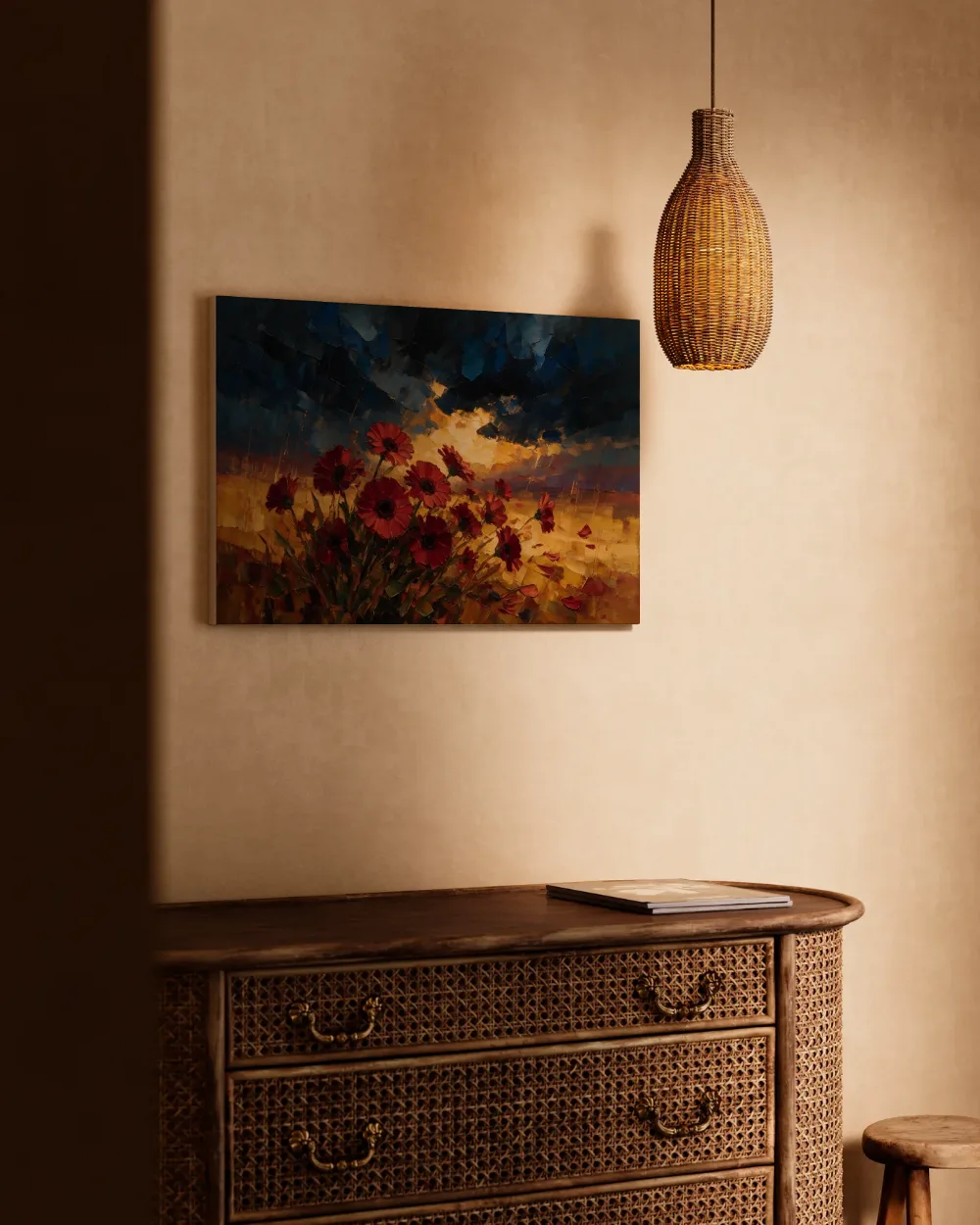 Gerbera onder een storm in karmozijn, canvas schilderij uit de collectie gerbera