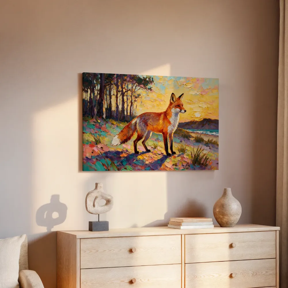 Duin in zacht tegenlicht tussen de bomen, canvas schilderij uit de collectie goud