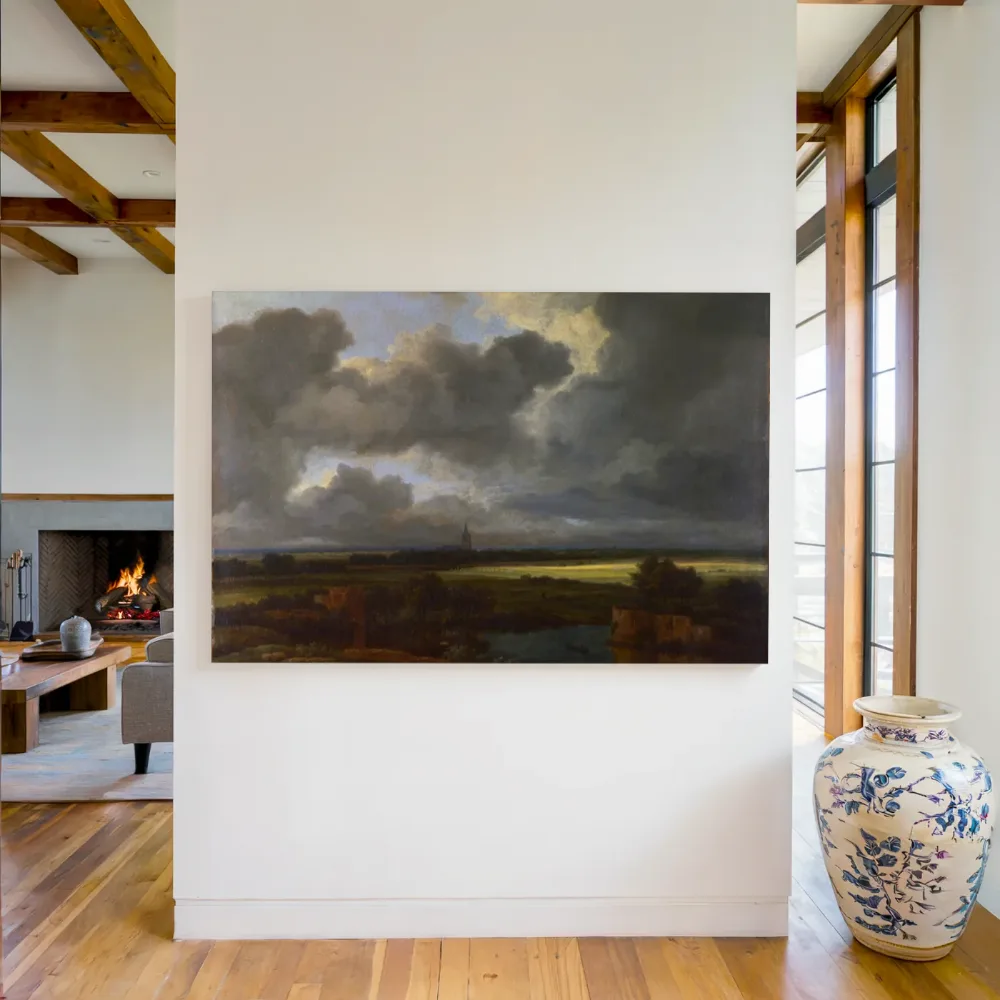 Weids landschap met kasteelruïne en kerktoren van Jacob van Ruisdael, canvas schilderij uit de collectie grasland