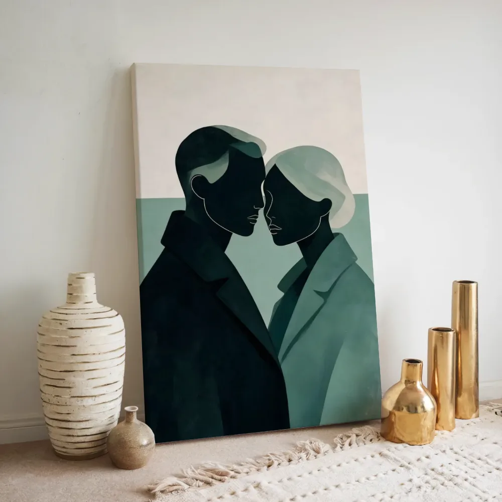 Twee figuren dicht bijeen in grijsgroen 3, canvas schilderij uit de collectie groen