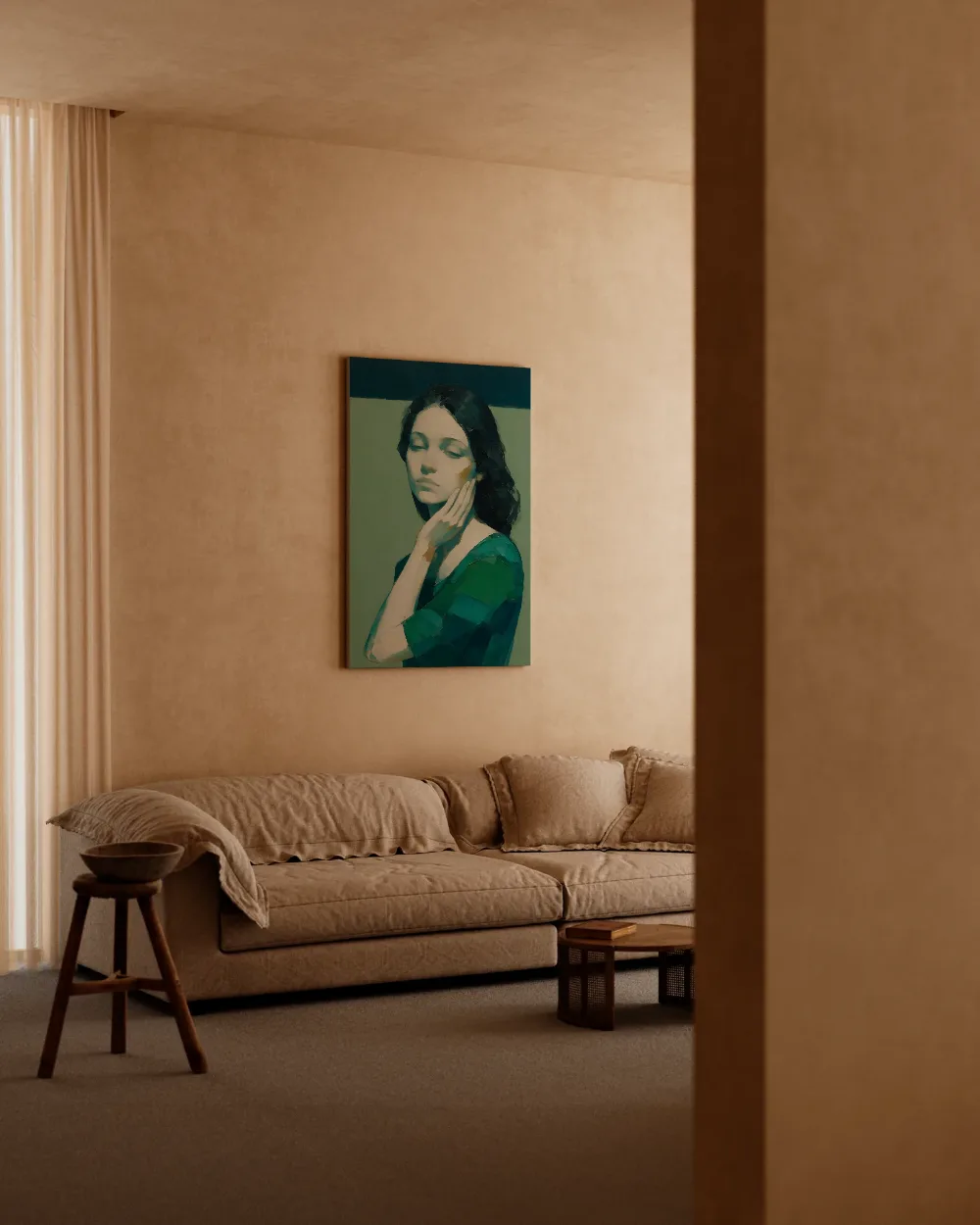 Portret, hand bij het gezicht, olieverf in diepgroen, canvas schilderij uit de collectie groen