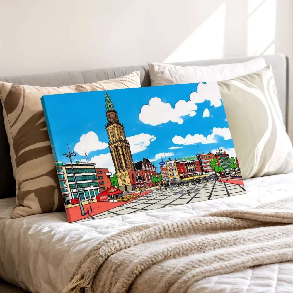 Groningen, Grote Markt in cartoonstijl, canvas schilderij uit de collectie schilderijen groningen