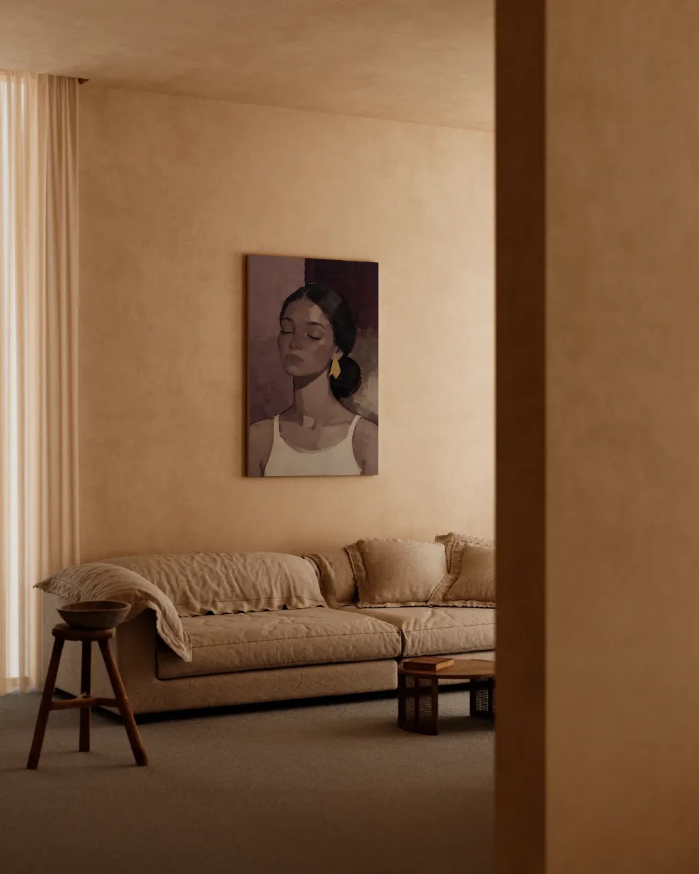 Portret met gesloten ogen, olieverf in diep pruim, canvas schilderij uit de collectie hedendaags