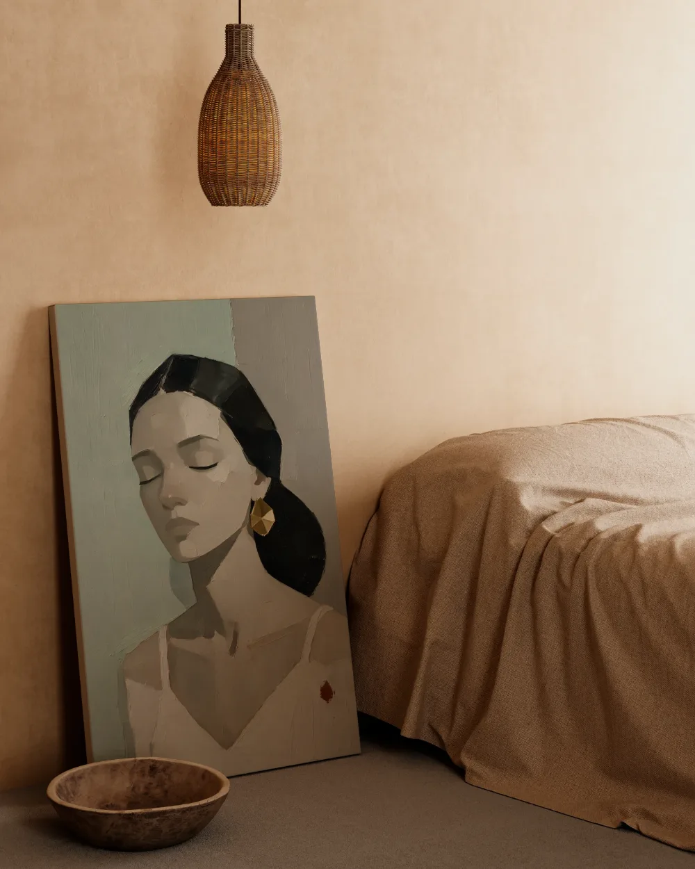 Portret met gesloten ogen, olieverf in zeegroen, canvas schilderij uit de collectie hedendaags