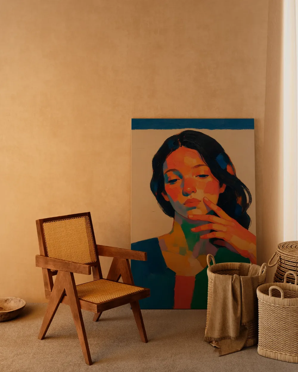 Portret, hand bij het gezicht, olieverf in fel koraal, canvas schilderij uit de collectie hedendaags