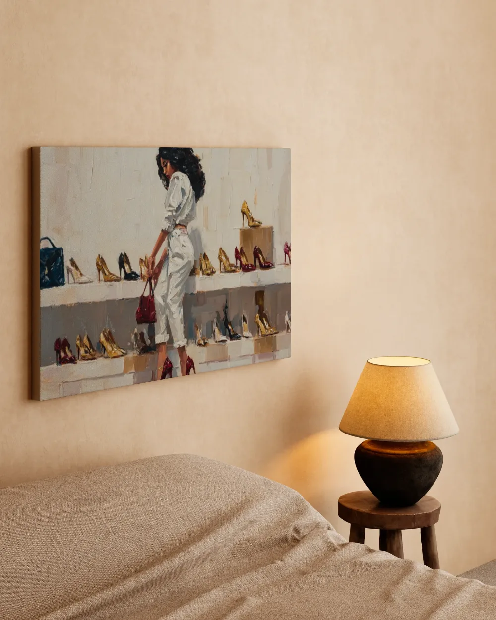 Kiezen in de schoenenboetiek, canvas schilderij uit de collectie hedendaags frans