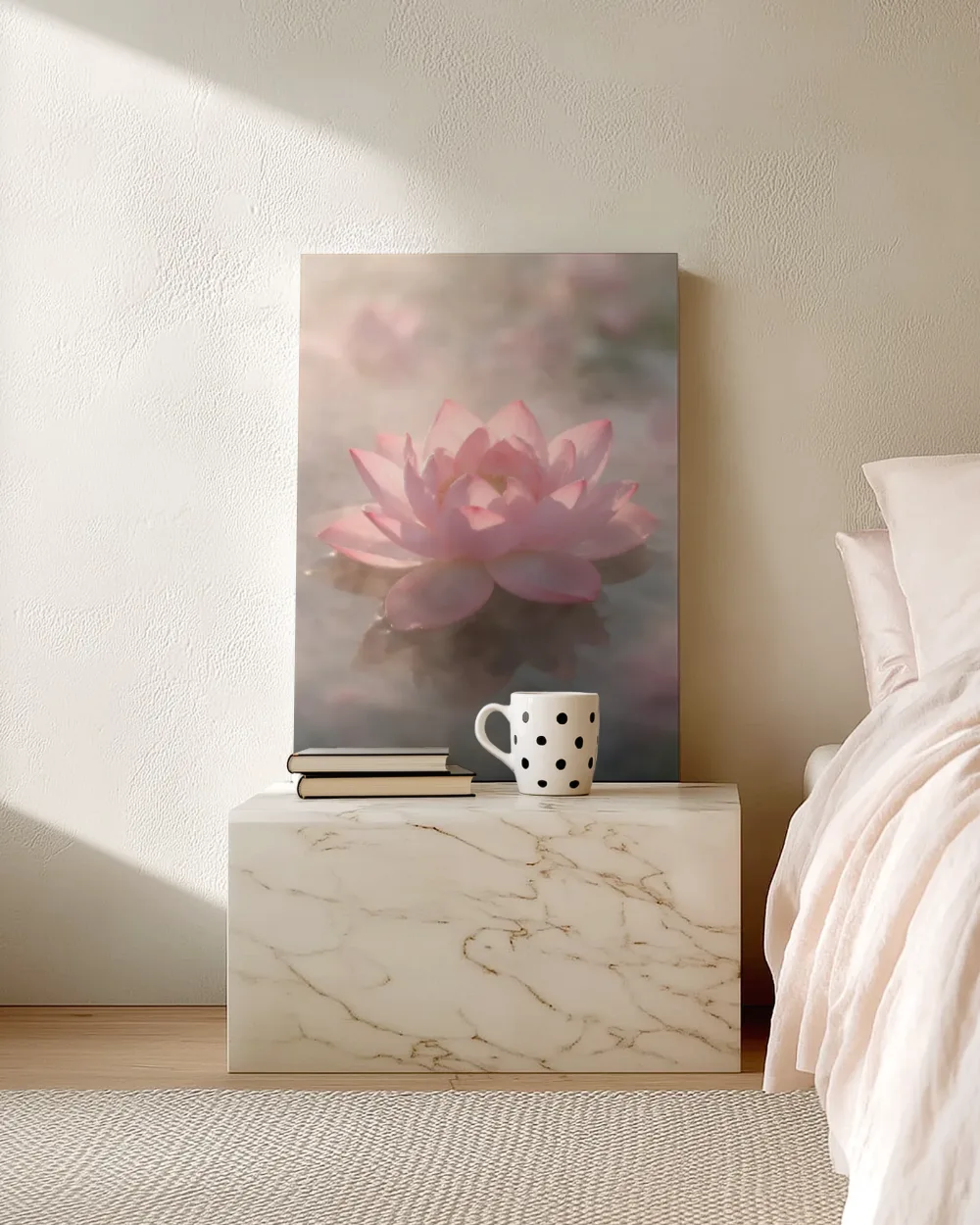 Heilige Lotus in de ochtendmist, zachtroze 3, canvas schilderij uit de collectie heilige lotus
