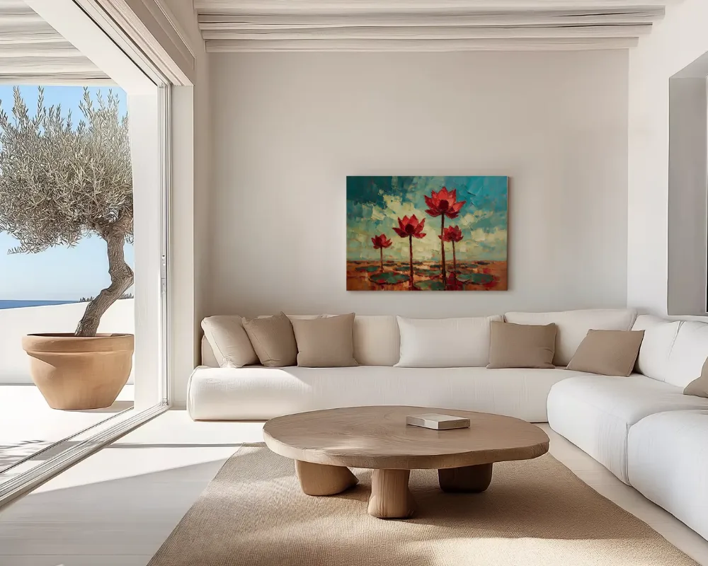 Lotus onder de hemel in karmozijn, canvas schilderij uit de collectie heilige lotus