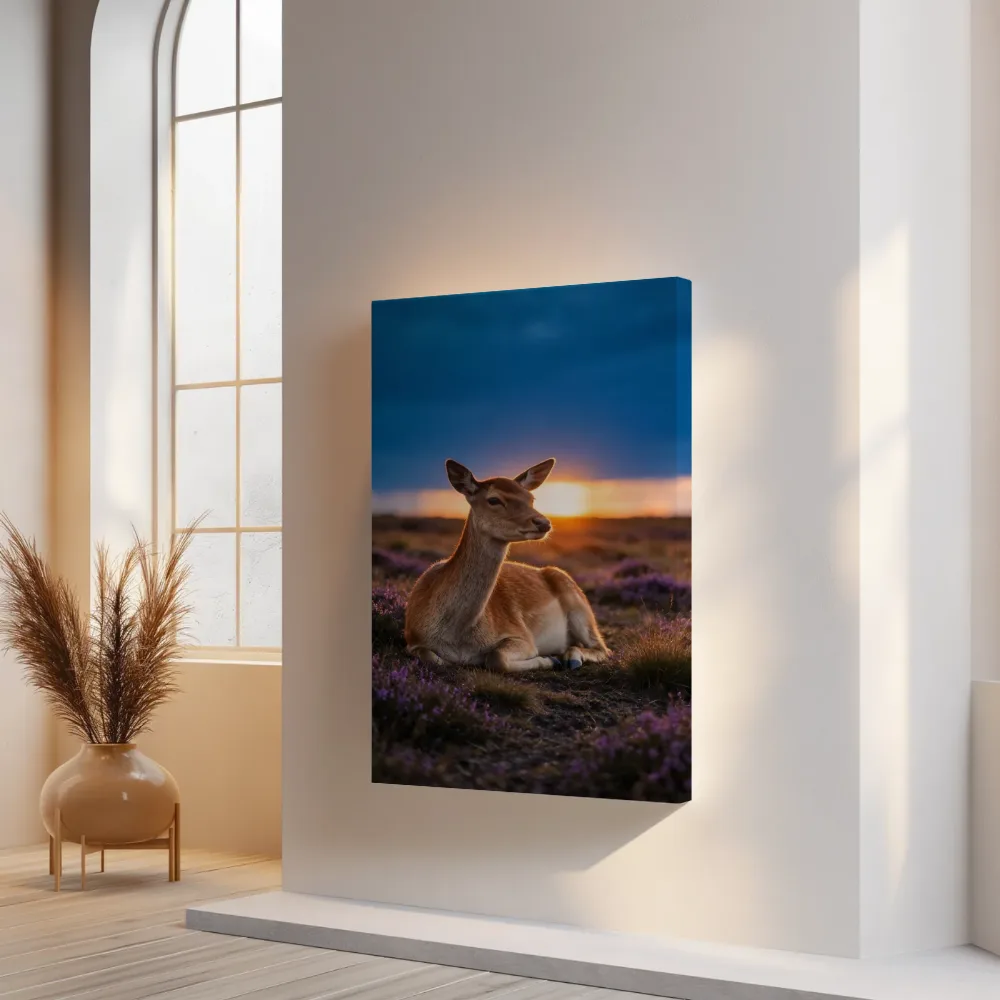Hert rustend, het felle tegenlicht van de ondergaande zon, canvas schilderij uit de collectie herten