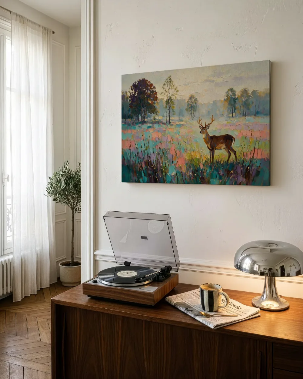 Hert diep in het landschap tussen de grassen, canvas schilderij uit de collectie herten