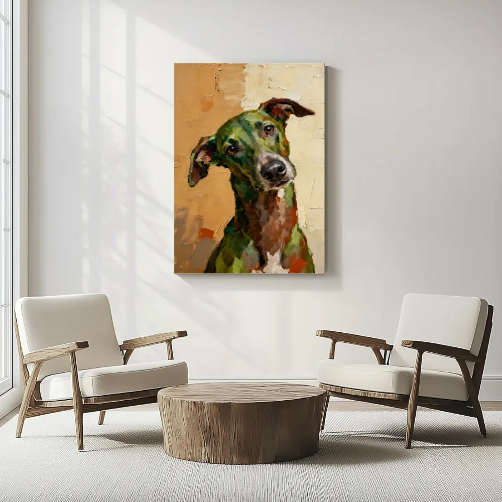 Hondenportret in groen en oker, canvas schilderij uit de collectie honden