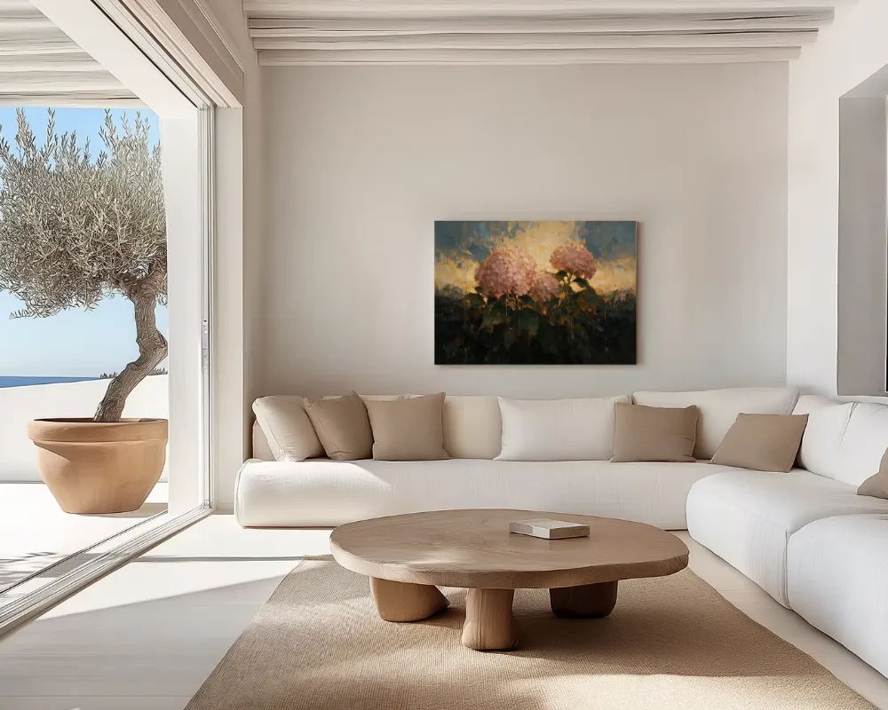 Hortensia tegen de lucht in groenroze, canvas schilderij uit de collectie hortensia