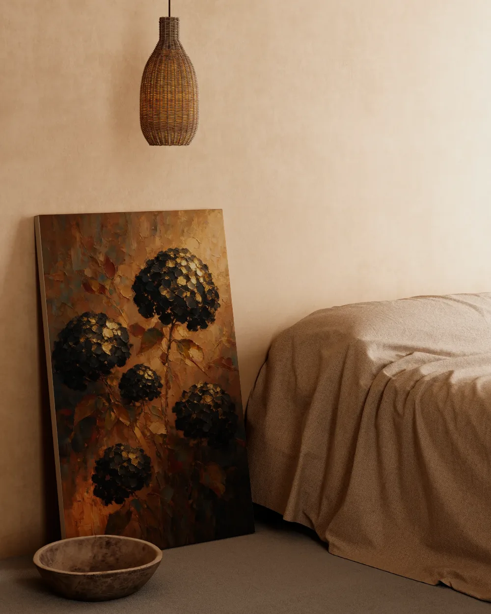 Hortensia in groepjes in zwartgoud, canvas schilderij uit de collectie hortensia