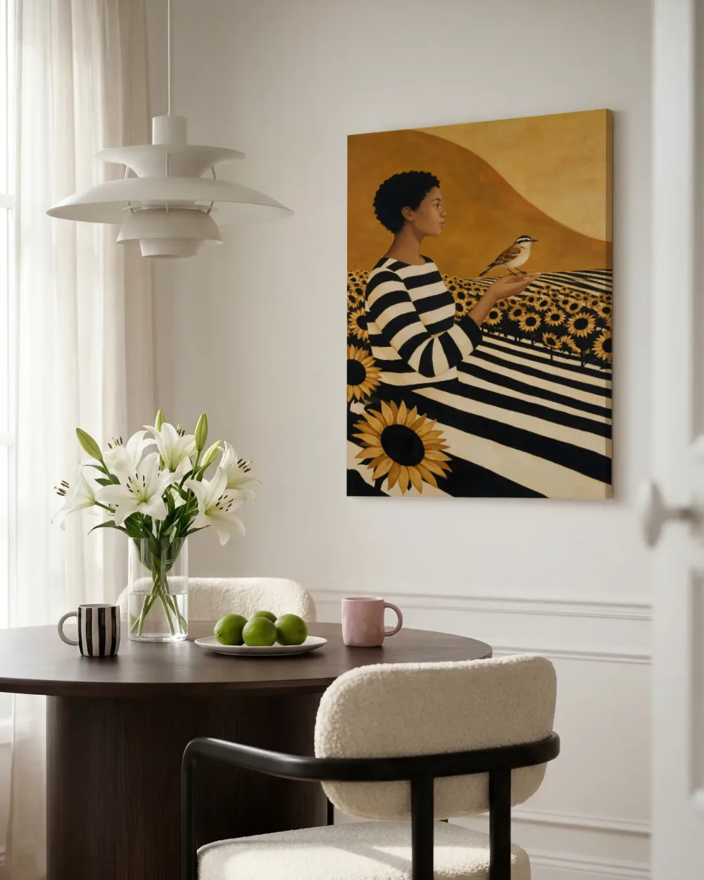 Zonnebloemenveld in zwart en gebroken wit, canvas schilderij uit de collectie illustraties