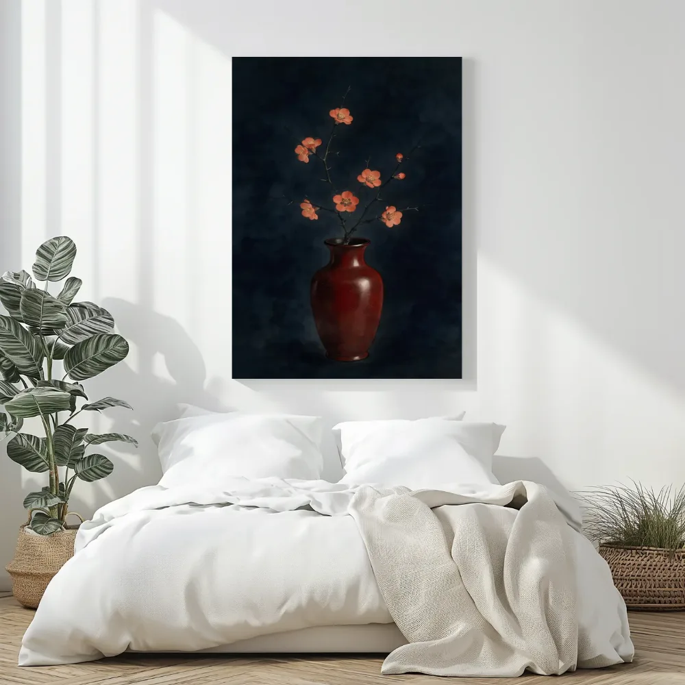 Kweeperenbloesem in inktzwart, canvas schilderij uit de collectie japandi