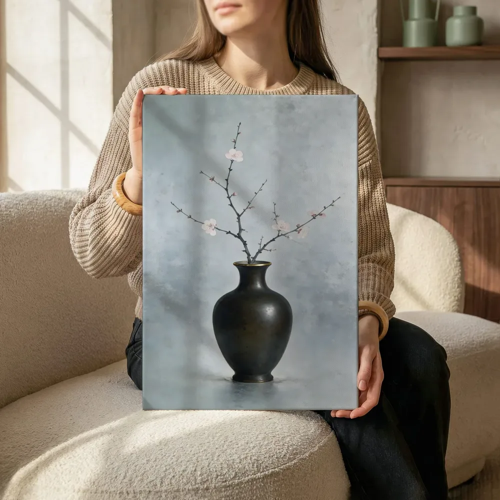 Pruimenbloesem in verweerd zilver, canvas schilderij uit de collectie japanse kunst