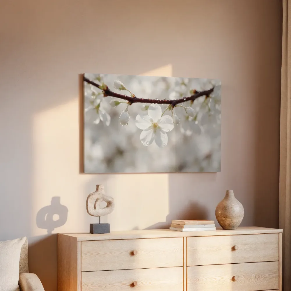 Japanse Sierkers in de dauw, wit 4, canvas schilderij uit de collectie japanse sierkers